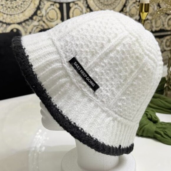 Accessories - White Knit Cloche Bucket Hat With Black Trim – Winter Hat